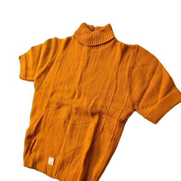 Vintage 1940s-1950s Short Sleeve Mustard Yellow Ribbed Mock Turtleneck Sweater - Picture 6 of 7